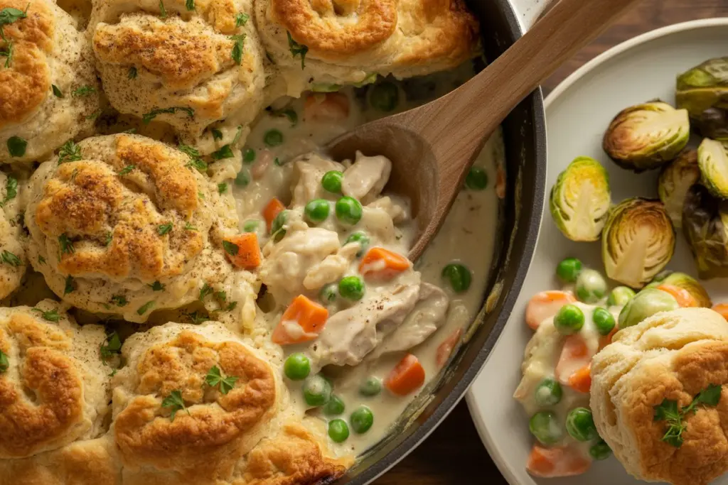 Chicken Pot Pie with Biscuits 8 serving of chicken pot pie with biscuit on plate