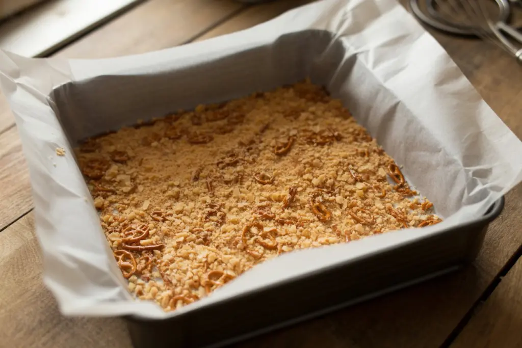 Pretzel crust layer for brownies before baking