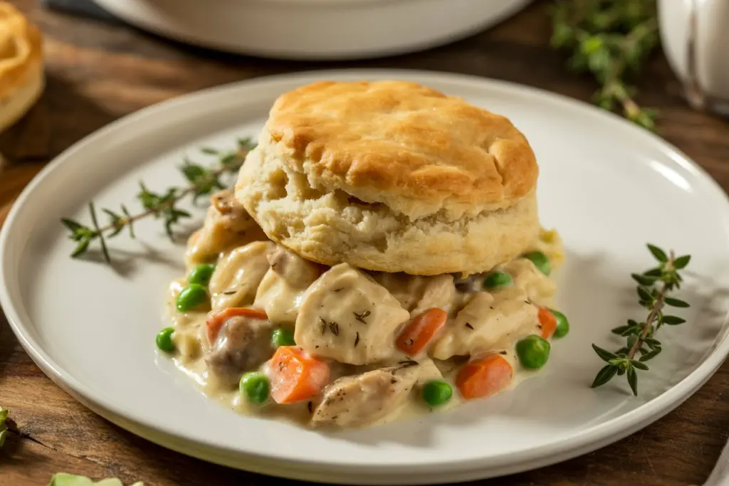 Chicken Pot Pie with Biscuits 2 A warm, hearty serving of biscuit-topped chicken pot pie