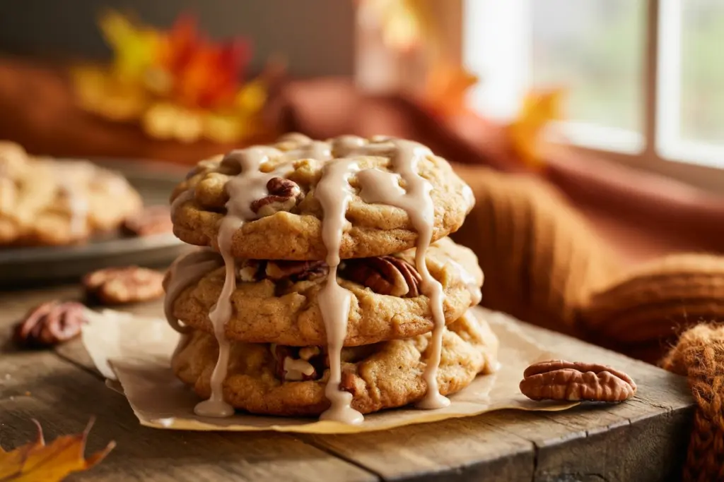 Maple brown sugar cookies stacked on a wooden table