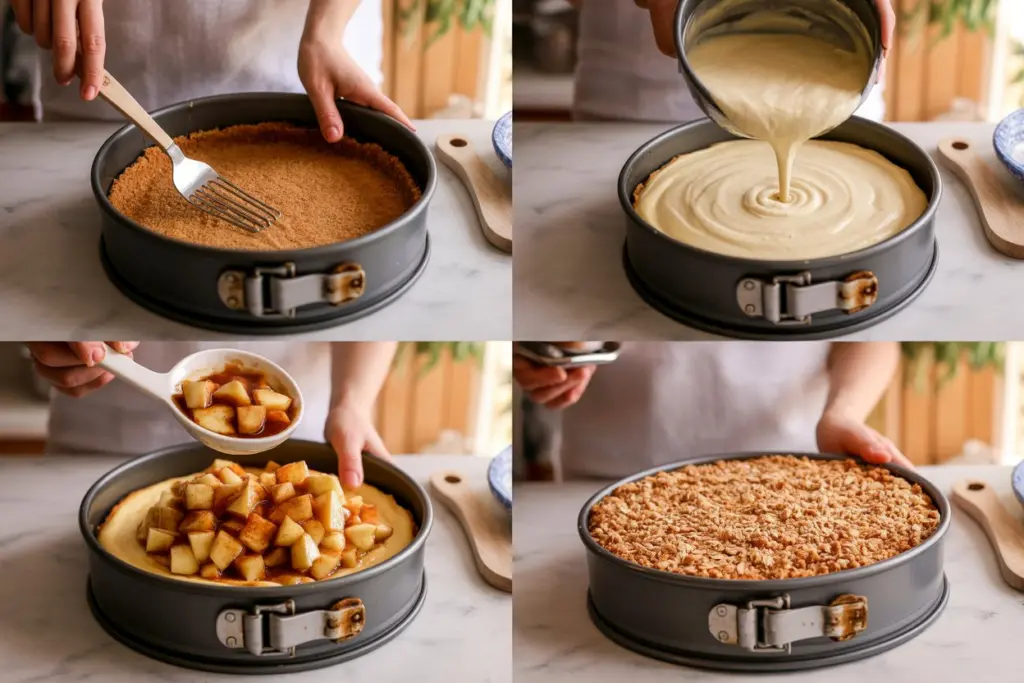 step-by-step apple pie cheesecake process
