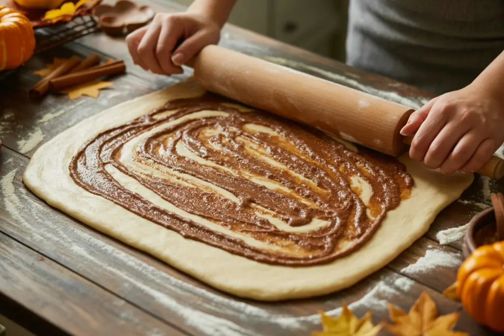 Pumpkin Caramel Sticky Buns Recipe 6 Rolling pumpkin sticky bun dough with sugar filling