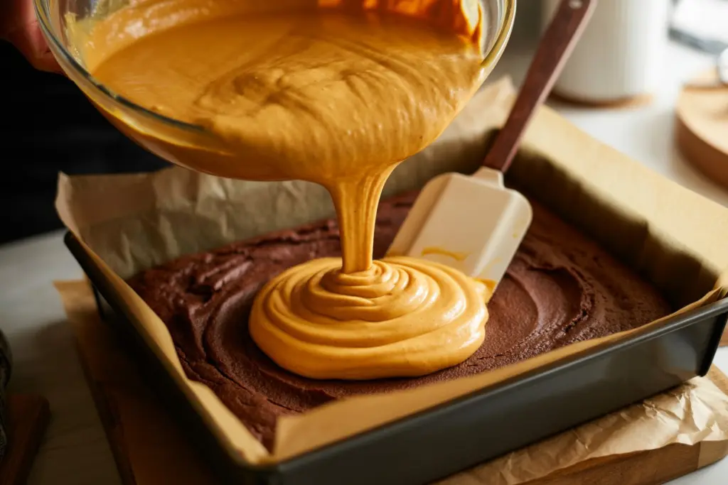 Chocolate Pumpkin Cheesecake Bars Recipe 6 Pumpkin cheesecake layer being poured