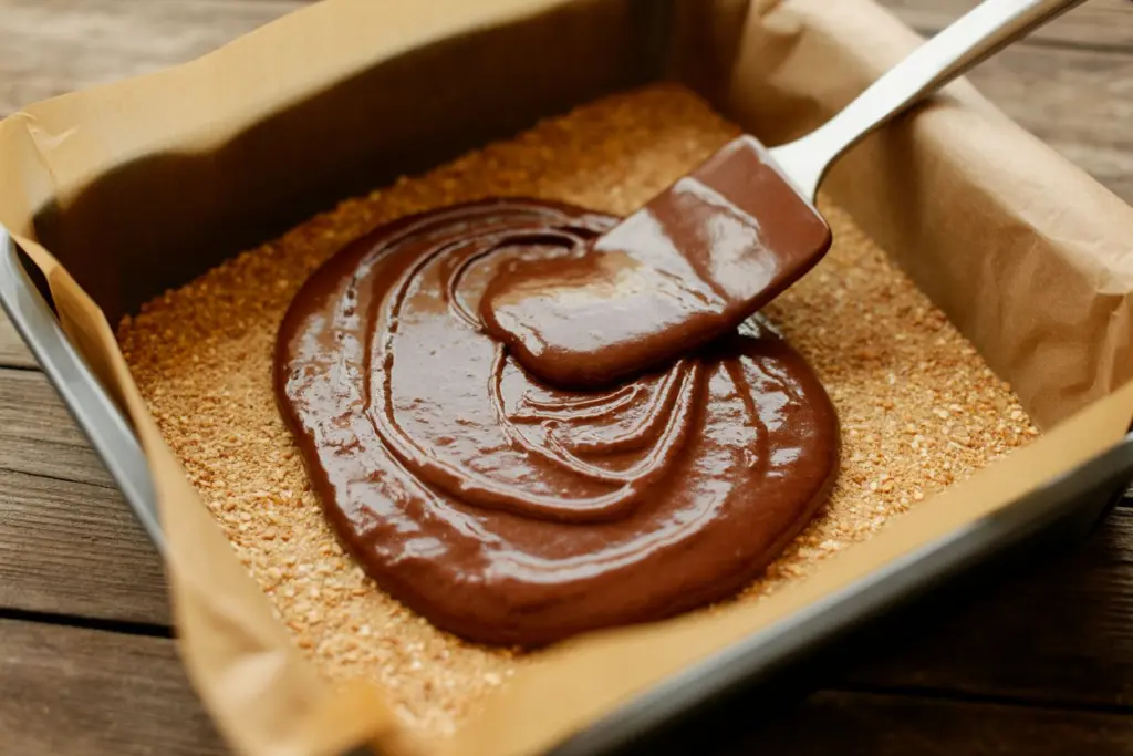 Brownie batter over pretzel crust