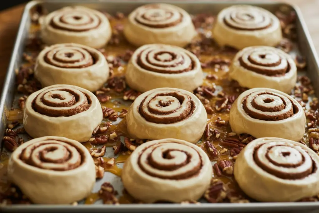 Pumpkin Caramel Sticky Buns Recipe 8 pumpkin sticky bun dough with sugar filling in baking dish
