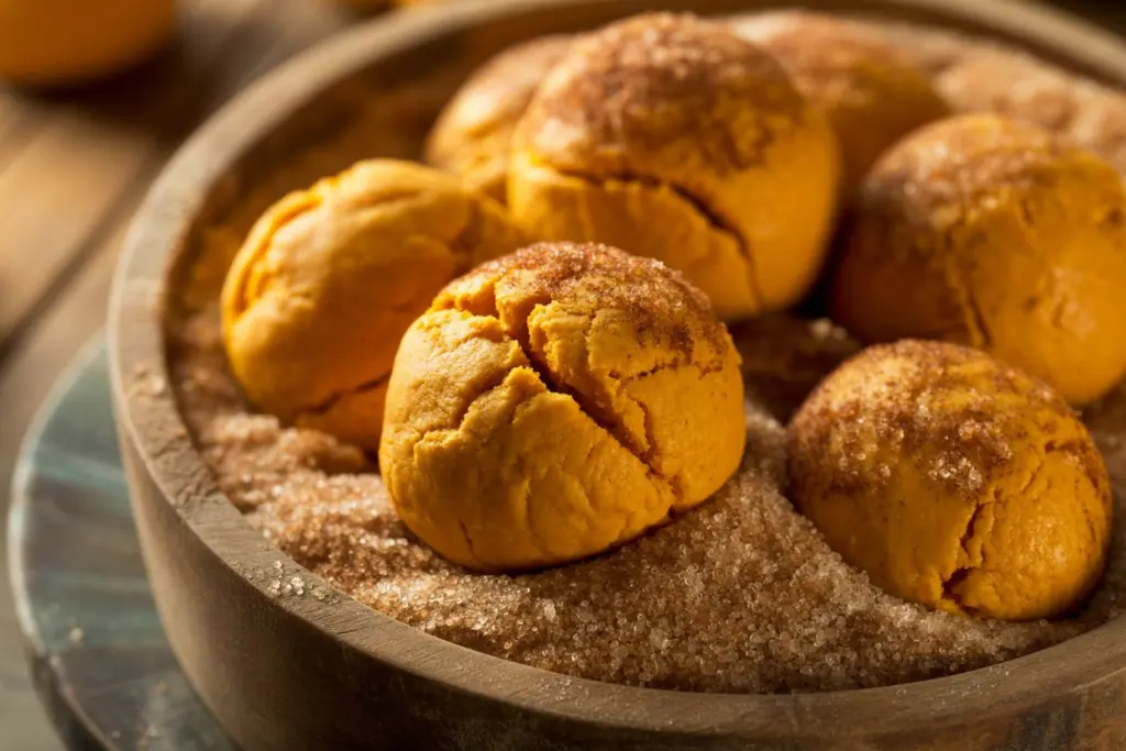 Pumpkin cheesecake cookies rolled in cinnamon sugar
