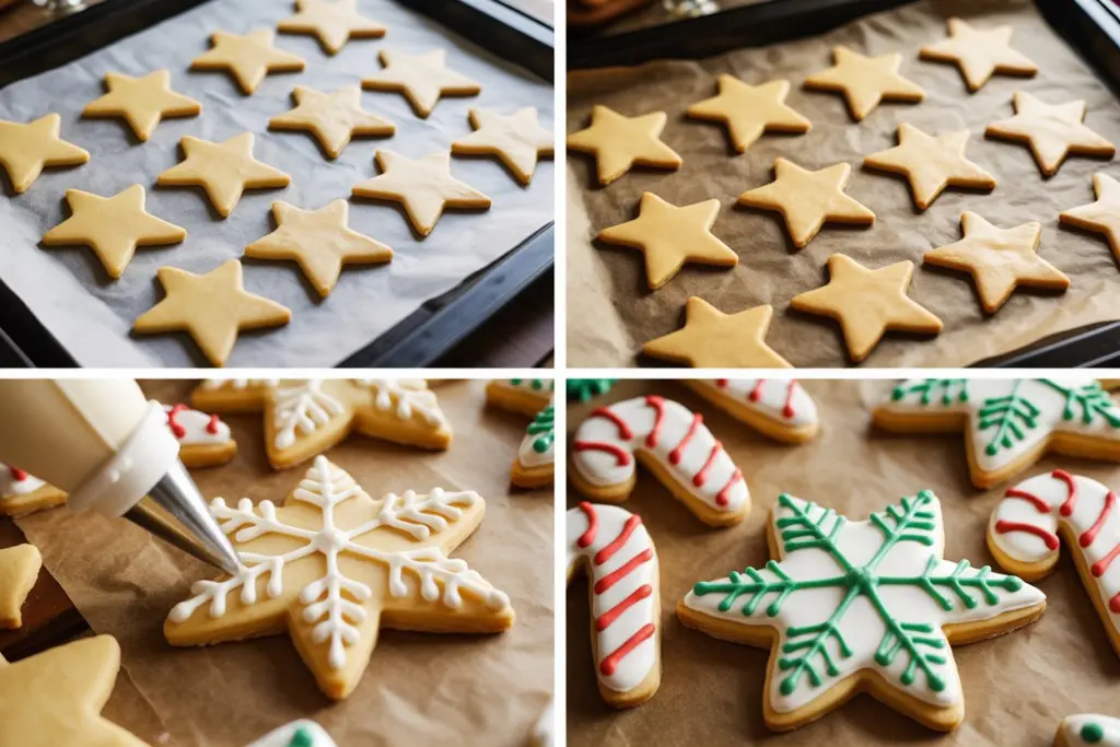 Christmas Cookies Recipe (Sugar Cookies) 8 A four-panel collage showing the process of making Christmas sugar cookies