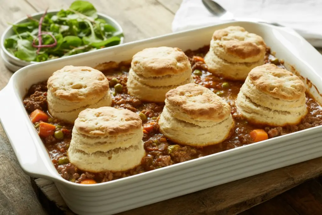 Easy Ground Beef Pot Pie Recipe 8 Served slice of beef pot pie with biscuit top