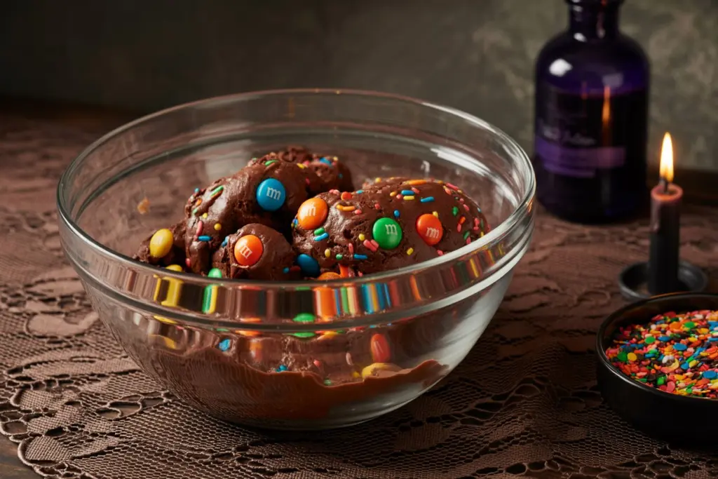 ark chocolate cookie dough and halloween M&Ms, orange sprinkles
