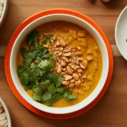 Recipe card for Slow Cooker Pumpkin Peanut Butter Chicken Soup