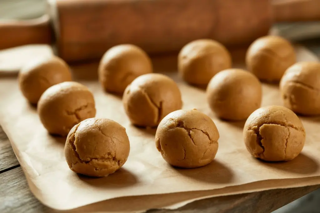 Peanut Butter Spider Cookies – The Ultimate Halloween Cookies Recipe 5 peanut butter cookie dough balls baking preparation