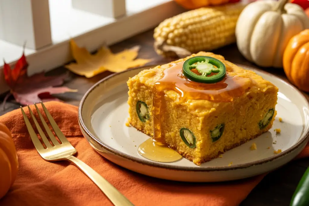 Slice of jalapeño cornbread with butter and honey