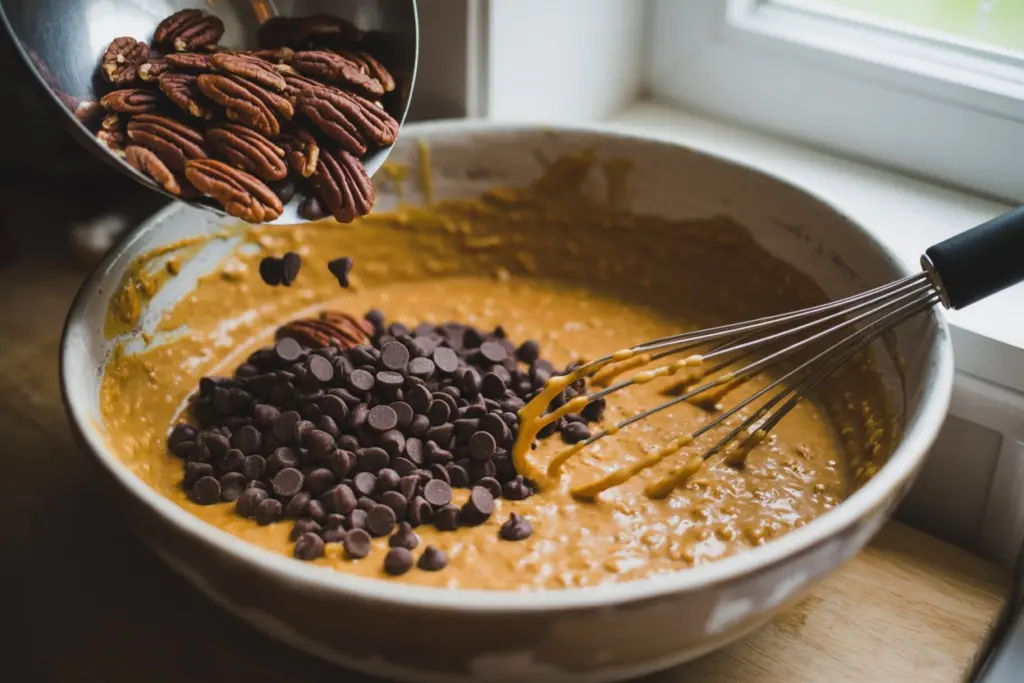 Pumpkin Chocolate Chip Baked Oatmeal (Gluten-Free, Healthy Breakfast Bars) 7 folding chocolate chips into pumpkin oatmeal batter