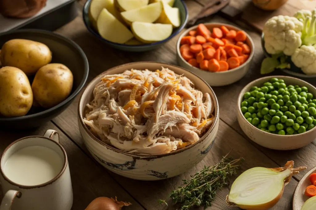 Healthy Leftover Turkey Pot Pie Soup (Crockpot Comfort Done Right) 4 Healthy Turkey Soup Ingredients Flat Lay