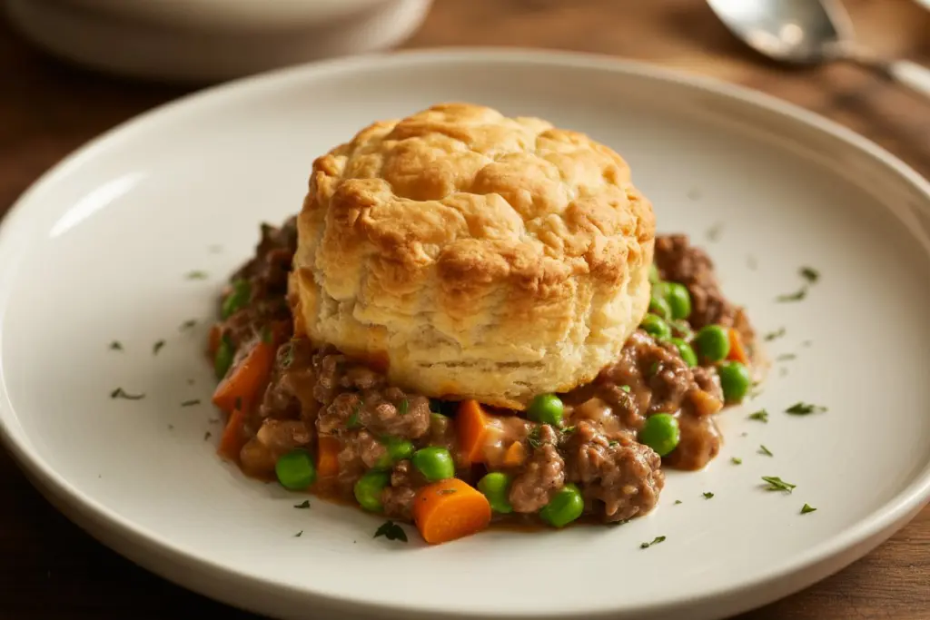 Easy Ground Beef Pot Pie Recipe 9 Served slice of beef pot pie with biscuit top