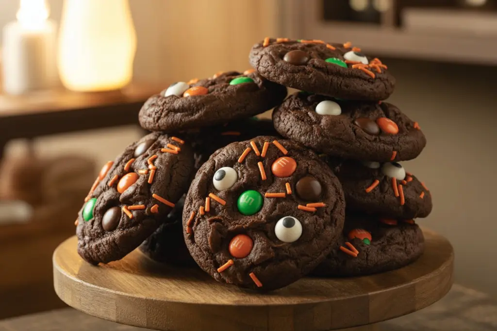 Platter of easy Halloween cookies with candy eyes and pumpkins.