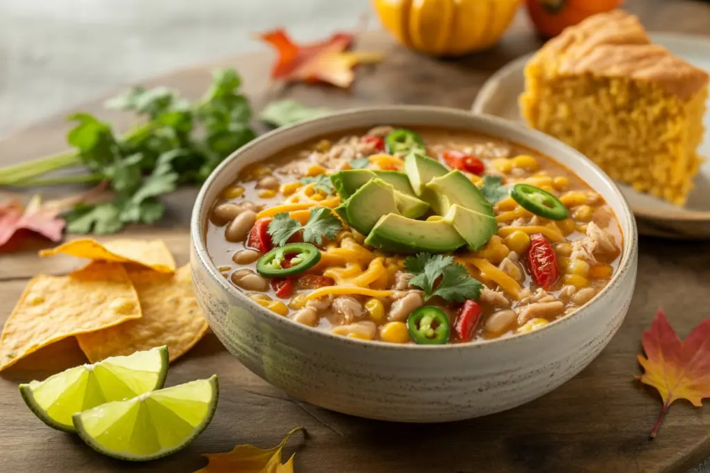 White Bean Turkey Chili – A Gluten-Free Leftover Turkey Recipe You’ll Love 7 Serving of gluten-free white bean turkey chili with toppings