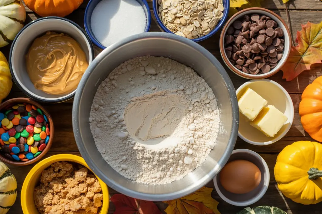 Monster Cookie Cake Recipe (Halloween Cookie Cake) 4 halloween cookie cake ingredients flat lay