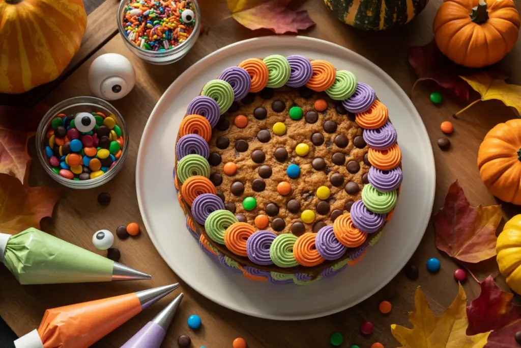 Monster Cookie Cake Recipe (Halloween Cookie Cake) 7 decorating monster cookie cake for halloween