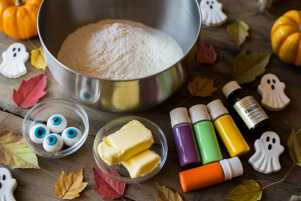 Monster Cookie Cake Recipe (Halloween Cookie Cake) 6 halloween cake frosting ingredients flat lay