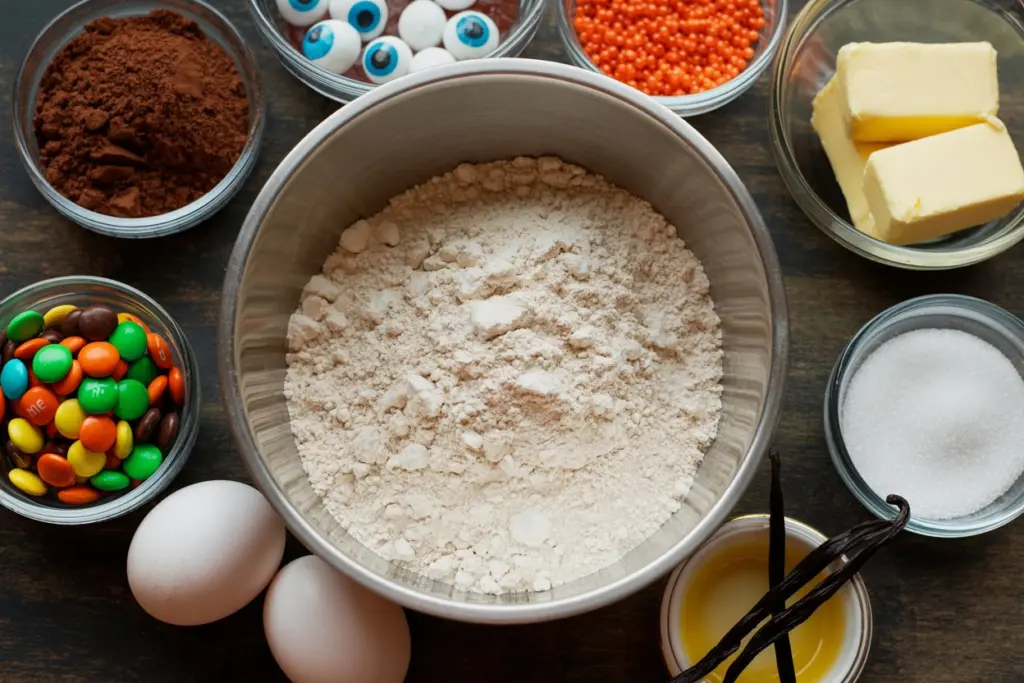 Ingredients for easy Halloween cookies including cocoa powder, candy eyes, and sprinkles.