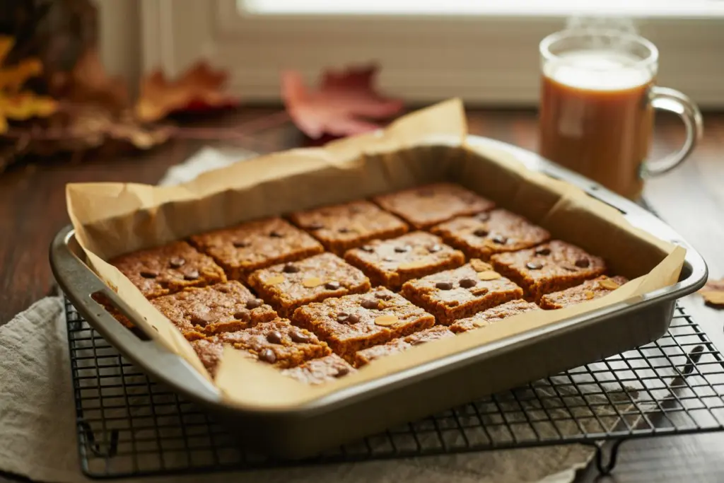 Pumpkin Chocolate Chip Baked Oatmeal (Gluten-Free, Healthy Breakfast Bars) 8 baked pumpkin chocolate chip oatmeal bars cooling