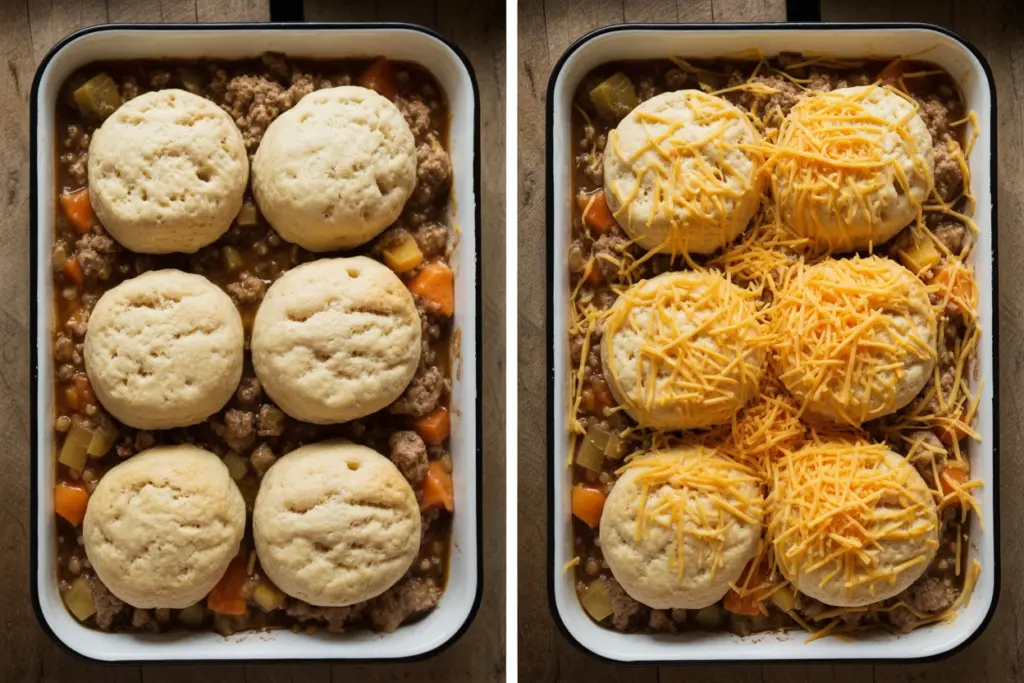Easy Ground Beef Pot Pie Recipe 6 Filling and biscuit dough being assembled