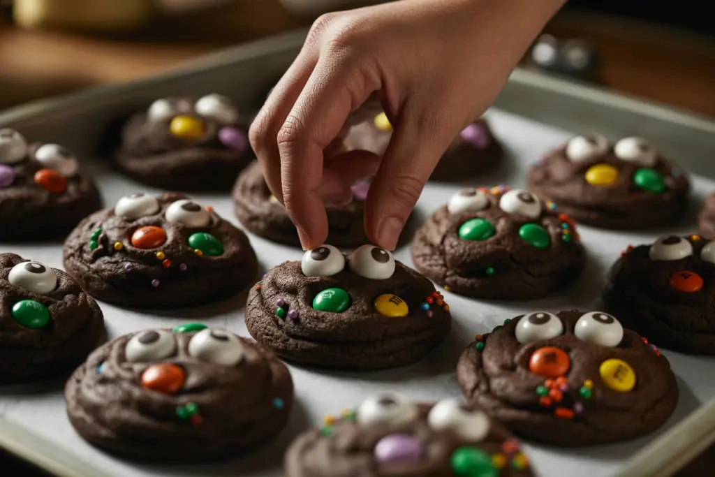 Decorating easy Halloween cookies with candy eyes on baking tray.
