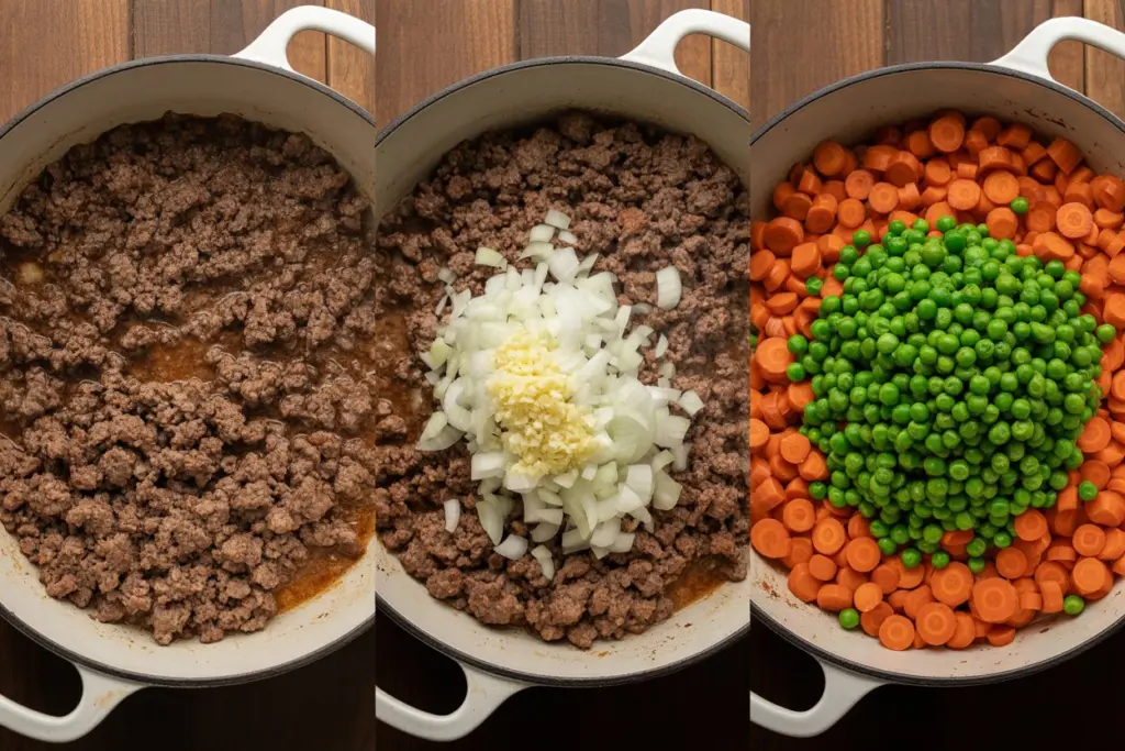 Easy Ground Beef Pot Pie Recipe 5 Sautéing beef, garlic, and onions