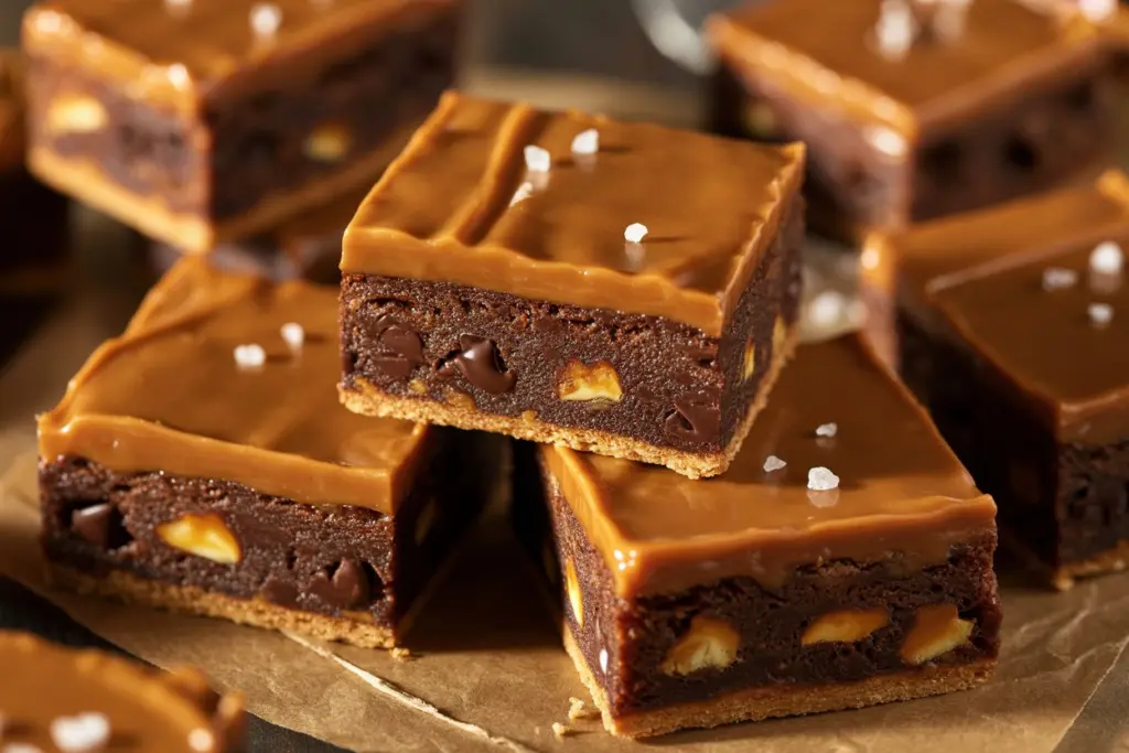 Caramel brownies with pretzel bottom recipe card