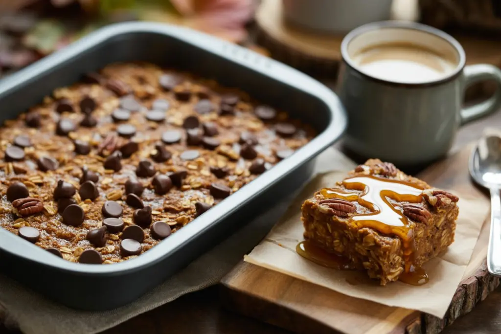 Pumpkin Chocolate Chip Baked Oatmeal (Gluten-Free, Healthy Breakfast Bars) 10 serving gluten-free pumpkin chocolate chip oatmeal bars with honey drizzle