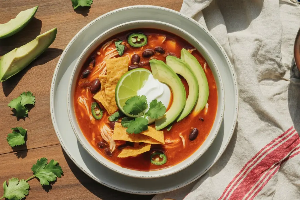 Slow cooker leftover turkey tortilla soup in rustic bowl