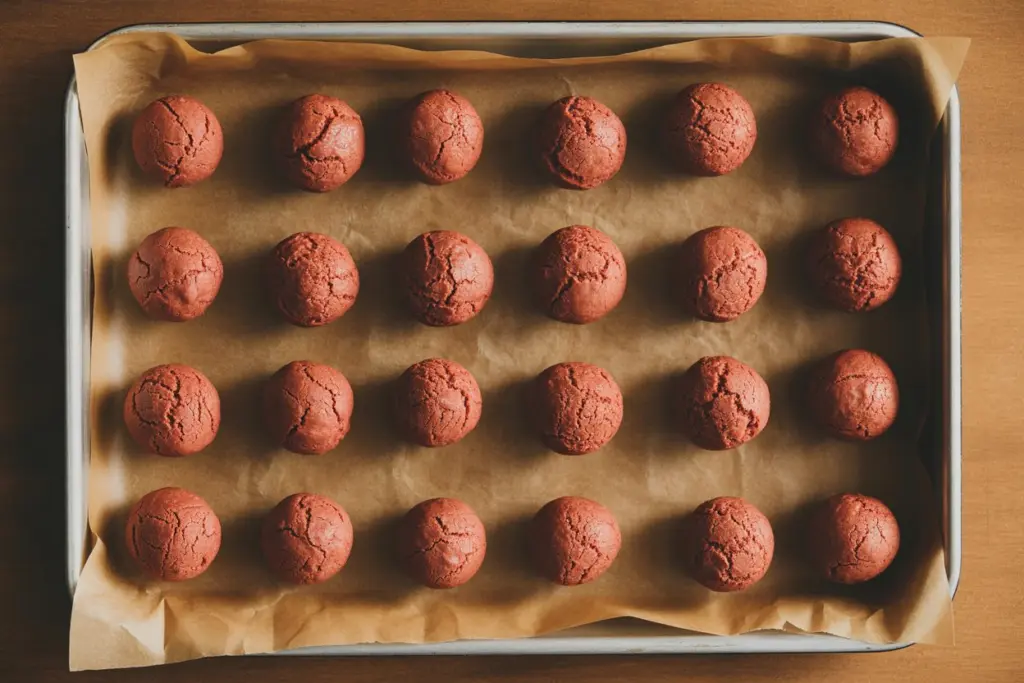 Red Velvet Snowball Cookies - Christmas Cookies Recipe 7 Red Velvet Snowball Cookies dough balls lined up