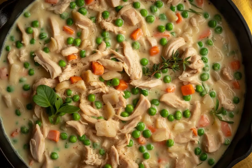 Chicken Pot Pie with Biscuits 6 chicken pot pie filling simmering in skillet