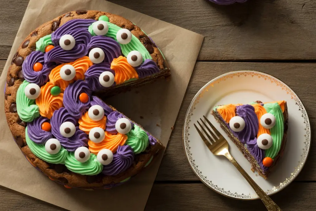 Monster Cookie Cake Recipe (Halloween Cookie Cake) 8 serving slice of monster cookie cake