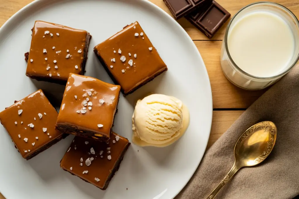 Served caramel brownie with ice cream and caramel