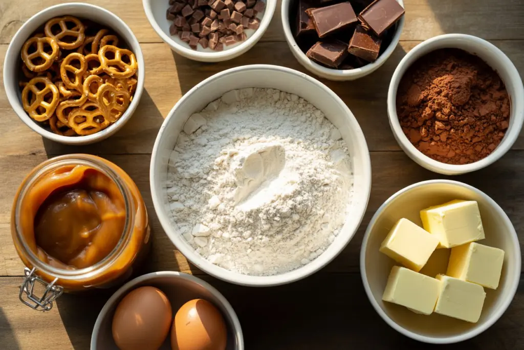 Ingredients for caramel brownies with pretzel bottom