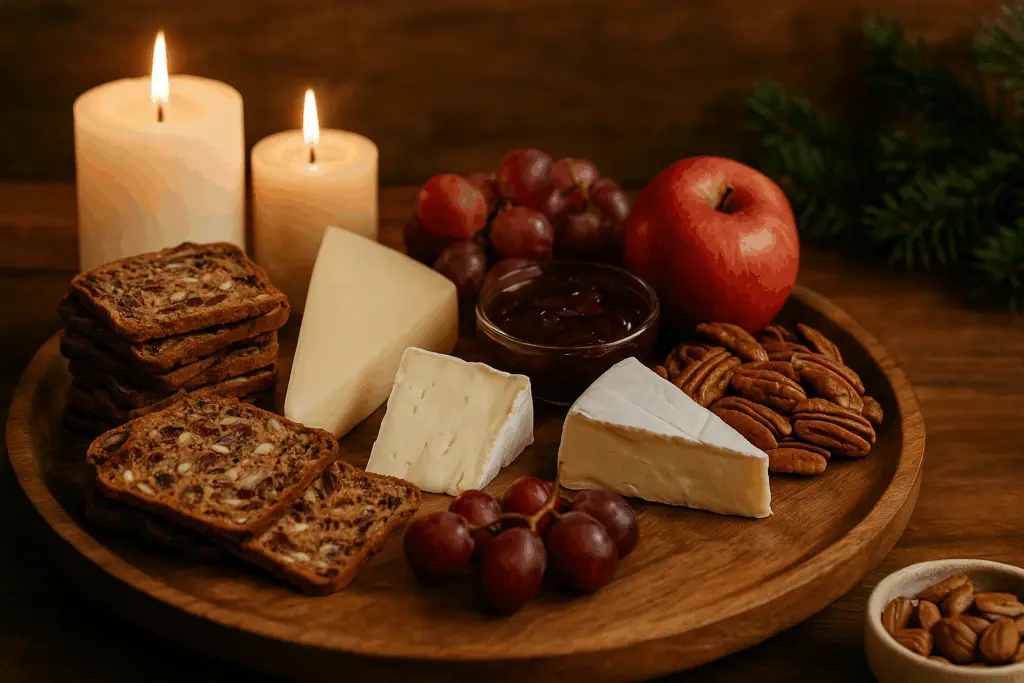 Pecan cranberry crackers served on a holiday cheese board