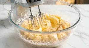 In a large glass mixing bowl, cream butter, brown sugar, and granulated sugar until light and fluffy.