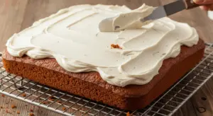 Spread cream cheese frosting over gingerbread cake pan