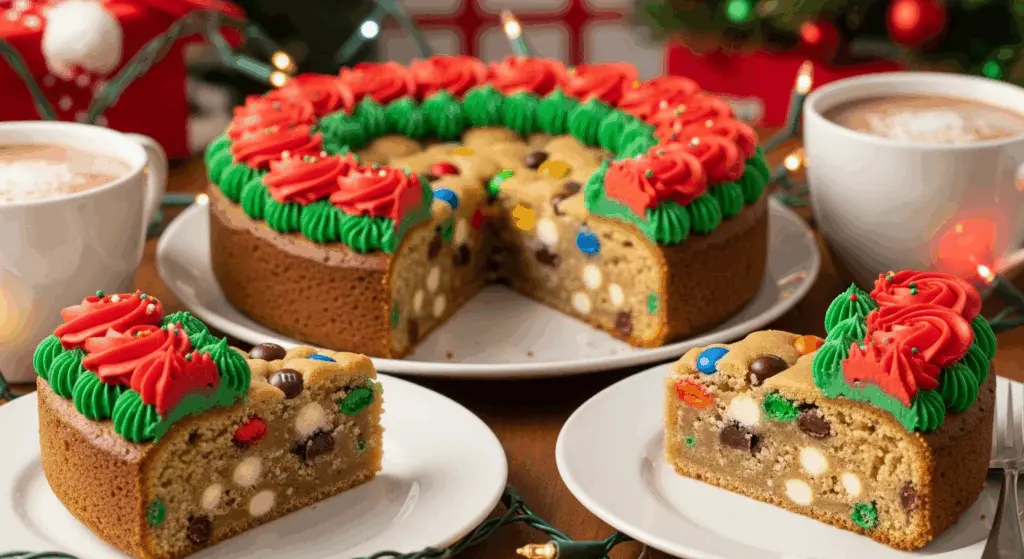 sliced christmas cookie cake served with frosting