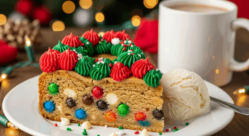 Slice of Christmas cookie cake with vanilla ice cream on the side