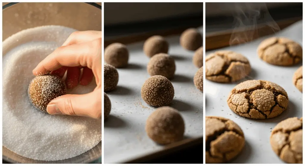 Old Fashioned Iced Ginger Molasses Cookies 15 Rolling and baking ginger molasses cookie dough