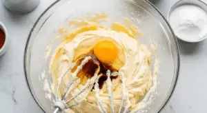 Add egg and vanilla in a light and fluffy beated butter mix in glass bowl, then mix until combined.