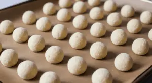 small round cookie dough balls arranged in neat rows