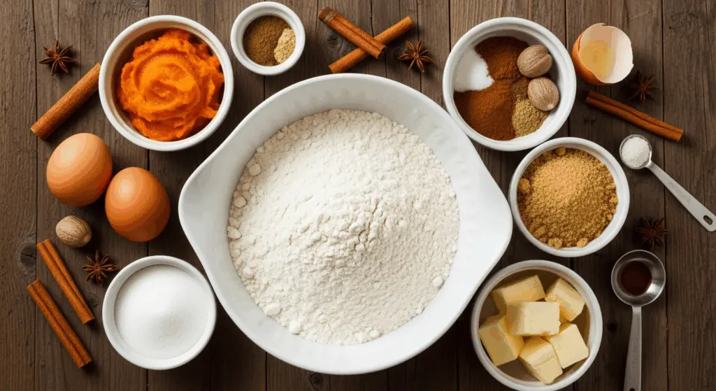 Pumpkin Coffee Cake with Crumb Topping 4 Ingredients for pumpkin coffee cake laid out