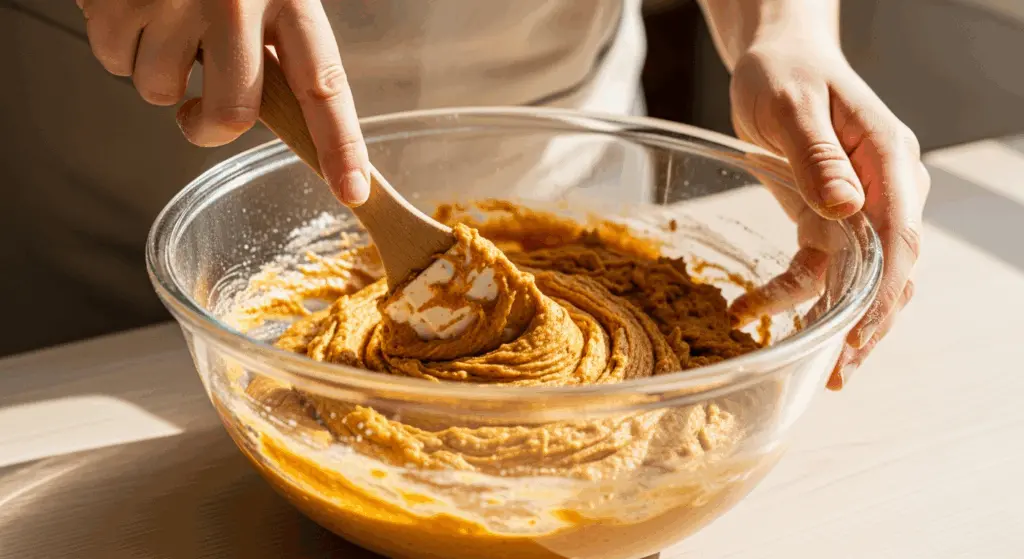 Pumpkin Coffee Cake with Crumb Topping 5 Mixing pumpkin coffee cake batter by hand