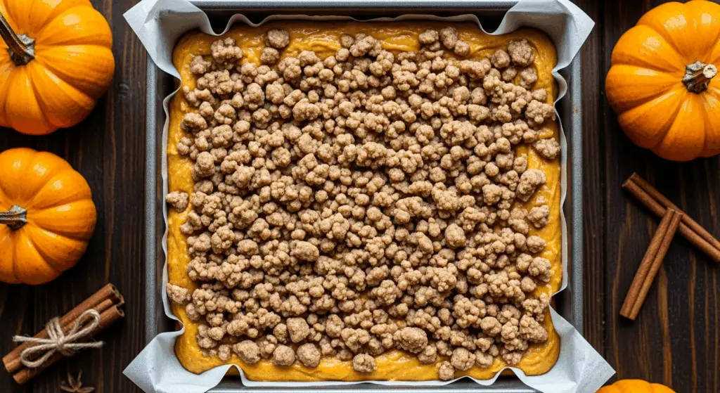 Pumpkin Coffee Cake with Crumb Topping 6 Unbaked pumpkin coffee cake with streusel in metal pan