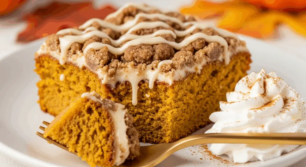Pumpkin Coffee Cake with Crumb Topping 7 Served slice of pumpkin coffee cake with whipped cream