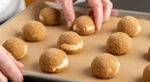 Gingerbread Cheesecake Cookies Recipe 12 Bake: Place the Coated each gingerbread cheesecake cookies dough ball in the prepared spiced sugar on brown parchment-lined sheet .